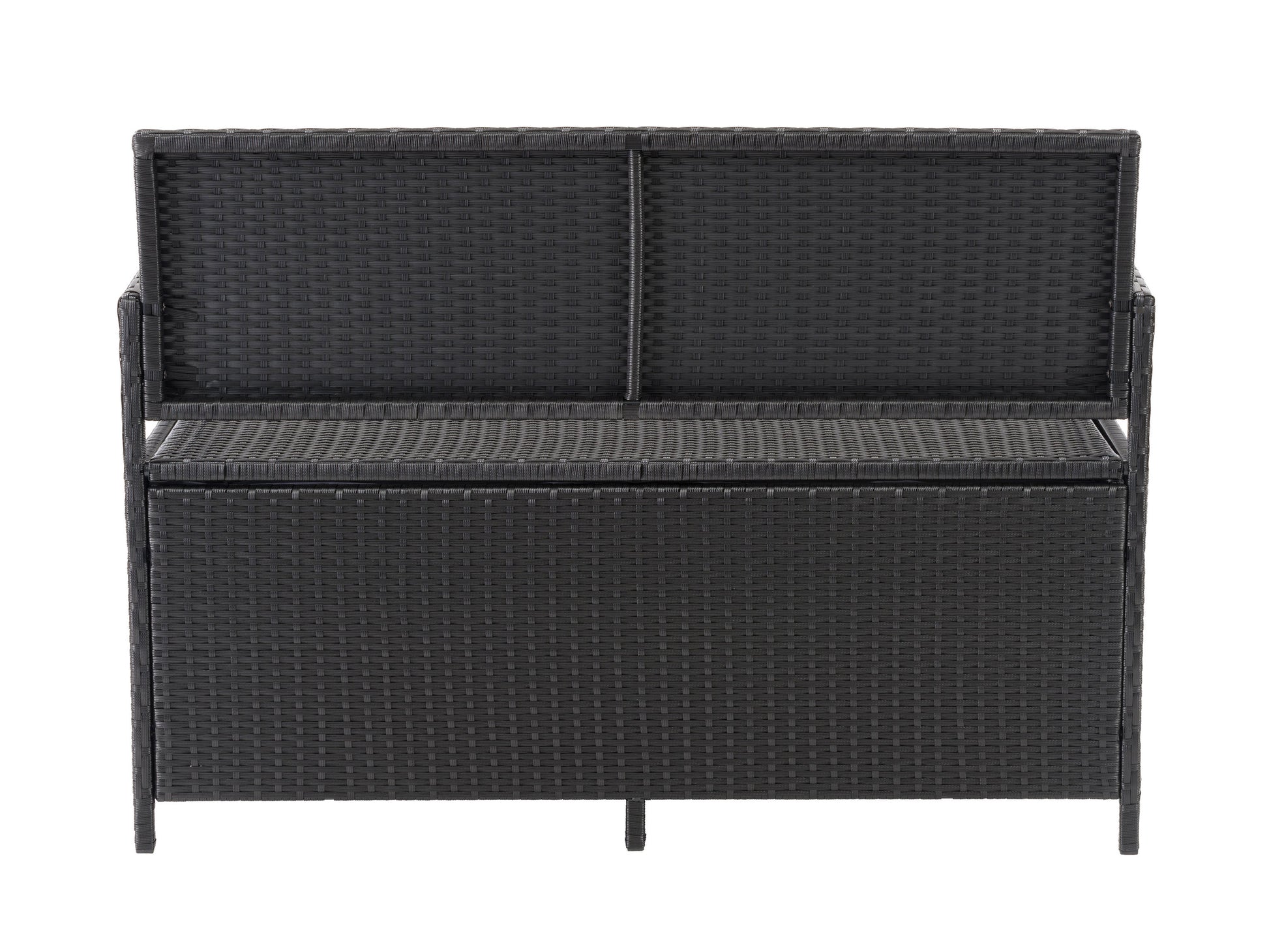 Outdoor patio bench with storage, featuring a wooden slatted seat and backrest in warm brown tones, durable metal frame in black, and under-seat storage compartment for garden tools or cushions.