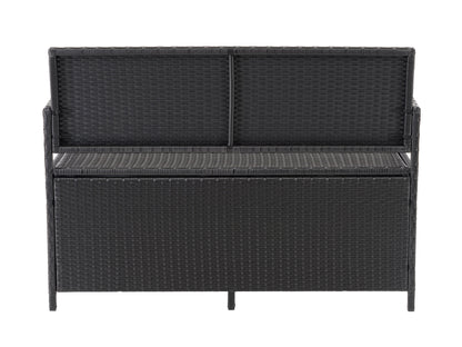Outdoor patio bench with storage, featuring a wooden slatted seat and backrest in warm brown tones, durable metal frame in black, and under-seat storage compartment for garden tools or cushions.