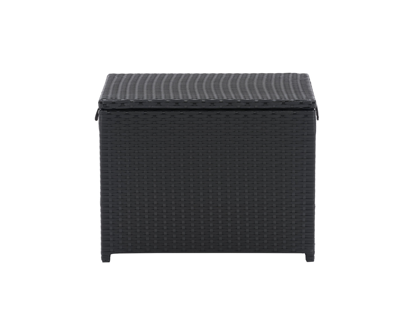 Brown wicker outdoor cooler table with a rectangular design, featuring a lift-top lid, built-in cooler compartment, and sturdy legs. Ideal for patio storage and keeping drinks cold during outdoor gatherings.