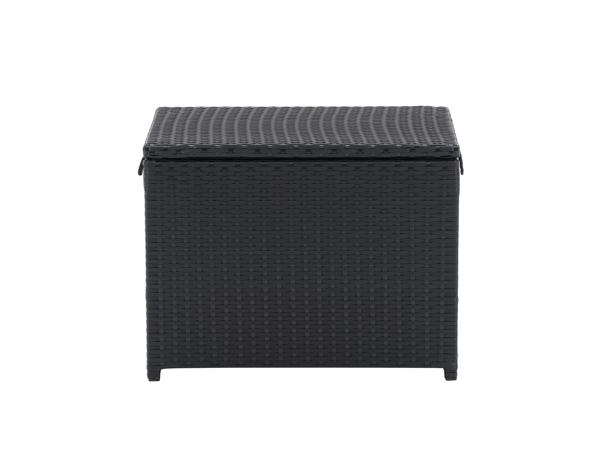 Brown wicker outdoor cooler table with a rectangular design, featuring a lift-top lid, built-in cooler compartment, and sturdy legs. Ideal for patio storage and keeping drinks cold during outdoor gatherings.