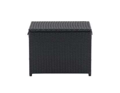 Brown wicker outdoor cooler table with a rectangular design, featuring a lift-top lid, built-in cooler compartment, and sturdy legs. Ideal for patio storage and keeping drinks cold during outdoor gatherings.