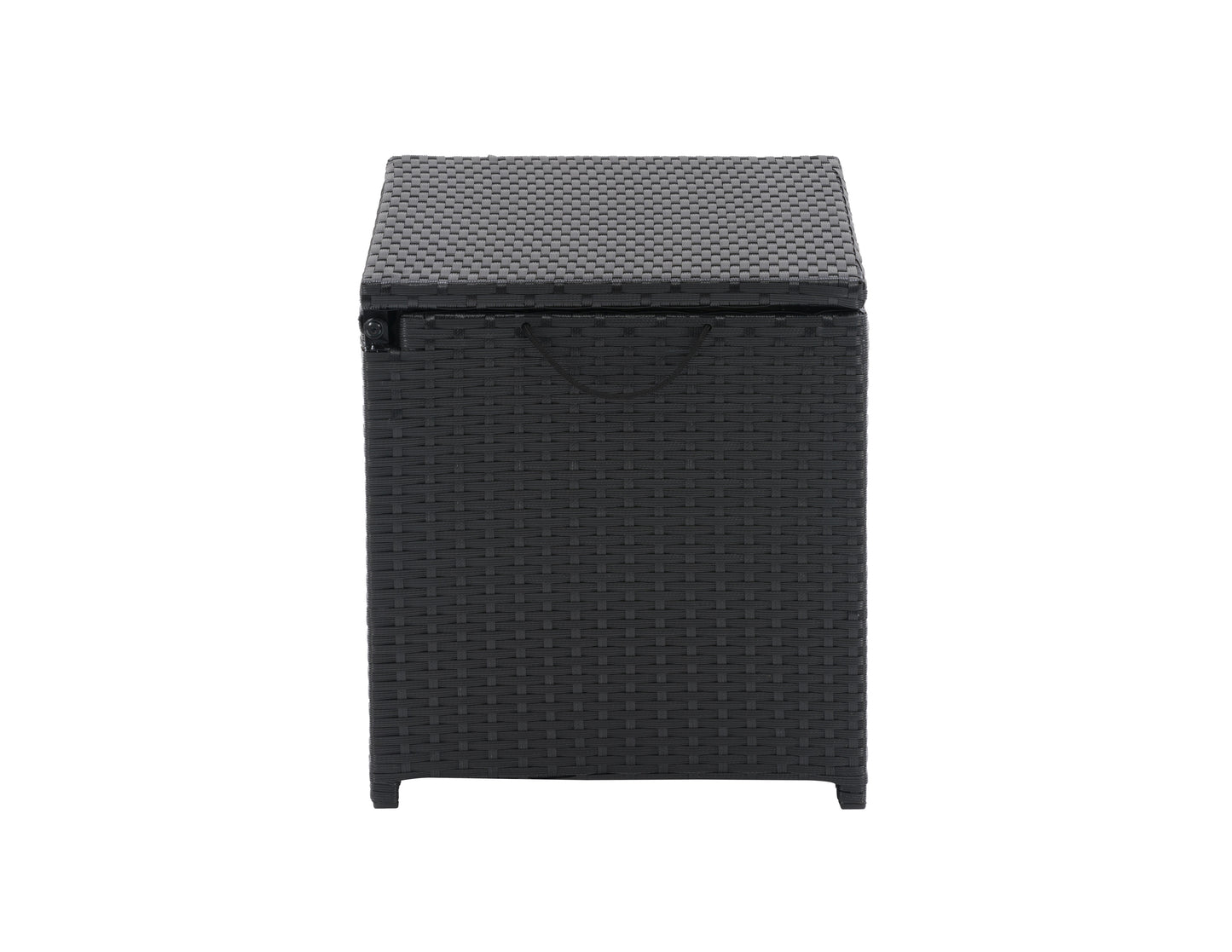 Outdoor cooler table with dark brown wicker texture, square shape, and lift-top lid, featuring a spacious storage compartment and sturdy construction for patio use.
