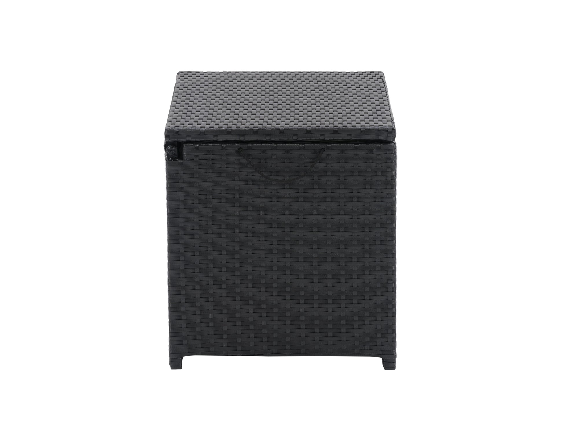 Outdoor cooler table with dark brown wicker texture, square shape, and lift-top lid, featuring a spacious storage compartment and sturdy construction for patio use.