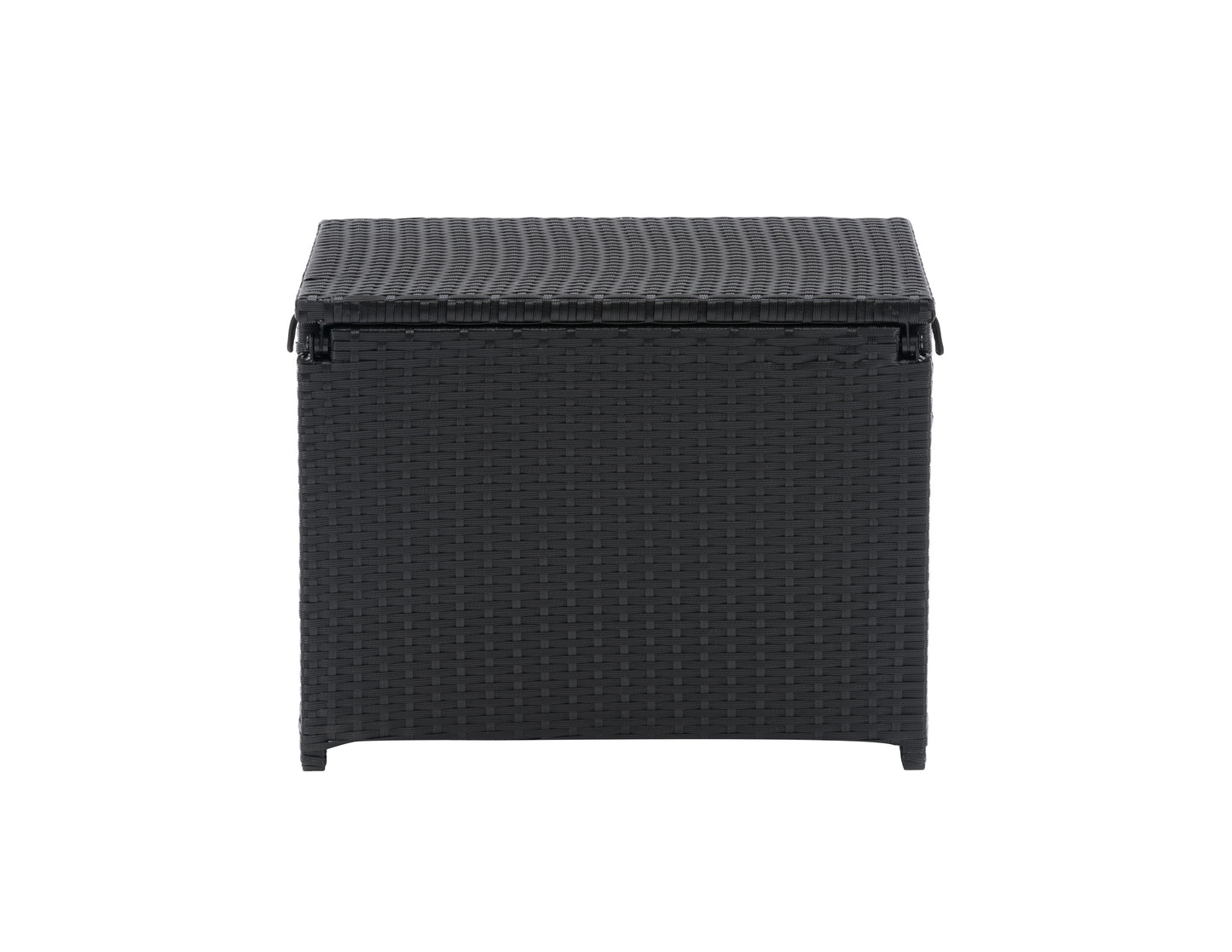 Modern outdoor cooler table in sleek black finish with wood accents, featuring a spacious storage compartment and flat tabletop surface, ideal for patio gatherings and outdoor entertaining.