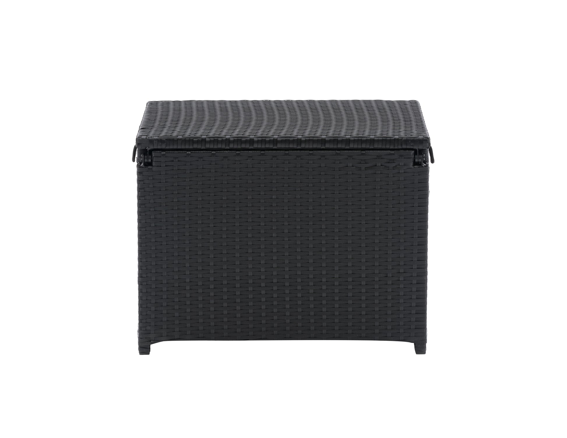 Modern outdoor cooler table in sleek black finish with wood accents, featuring a spacious storage compartment and flat tabletop surface, ideal for patio gatherings and outdoor entertaining.