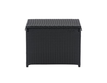 Modern outdoor cooler table in sleek black finish with wood accents, featuring a spacious storage compartment and flat tabletop surface, ideal for patio gatherings and outdoor entertaining.