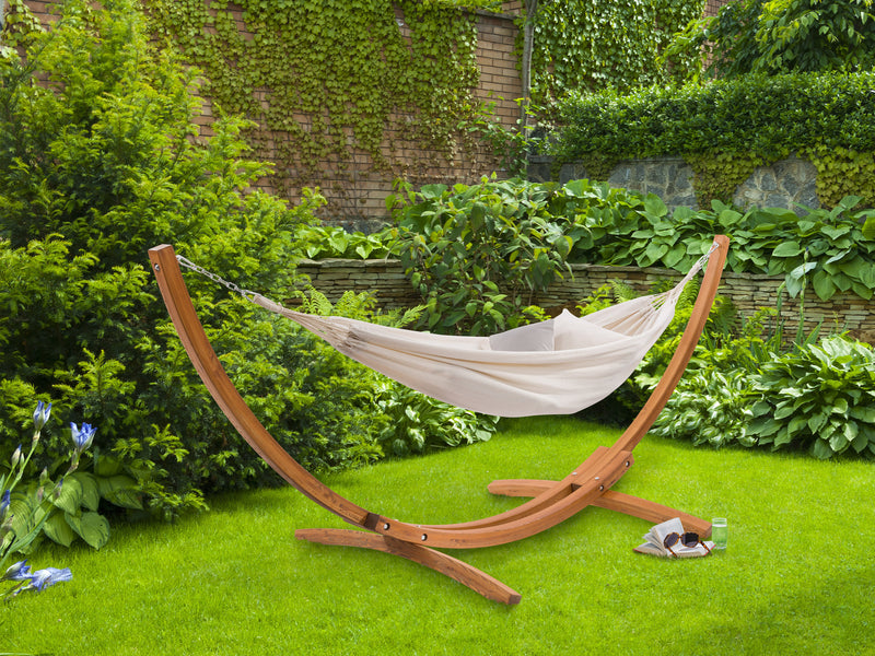 beige Hammock with Wood Stand Warm Sun Collection lifestyle scene by CorLiving