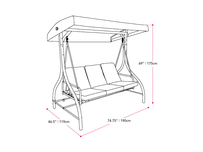 grey Patio Swing With Canopy, Convertible Elia Collection measurements diagram by CorLiving