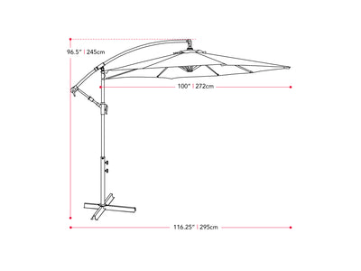 black cantilever patio umbrella, tilting persist collection measurements diagram CorLiving#color_black