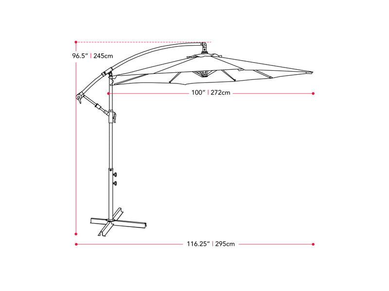 black cantilever patio umbrella, tilting persist collection measurements diagram CorLiving