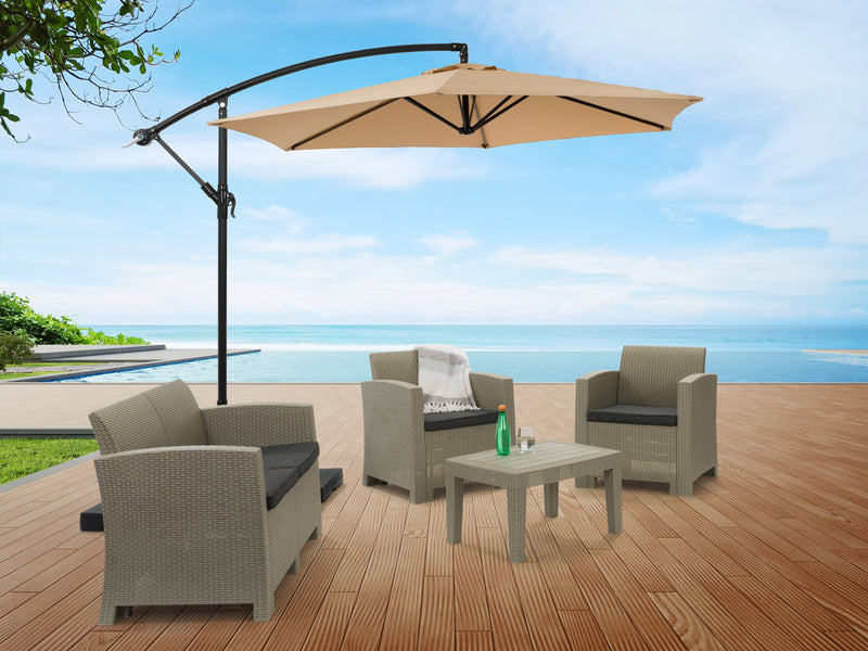 taupe cantilever patio umbrella, tilting persist collection lifestyle scene CorLiving