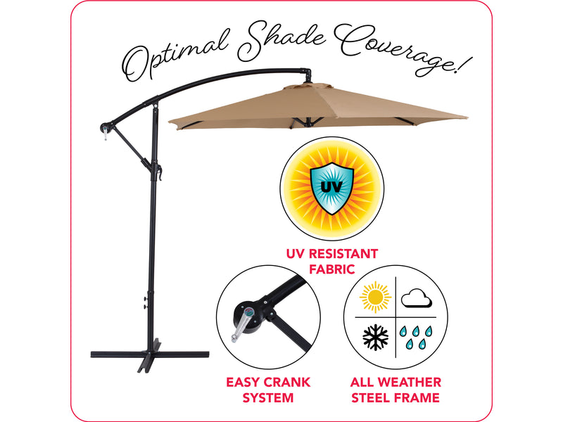 taupe cantilever patio umbrella, tilting persist collection infographic CorLiving