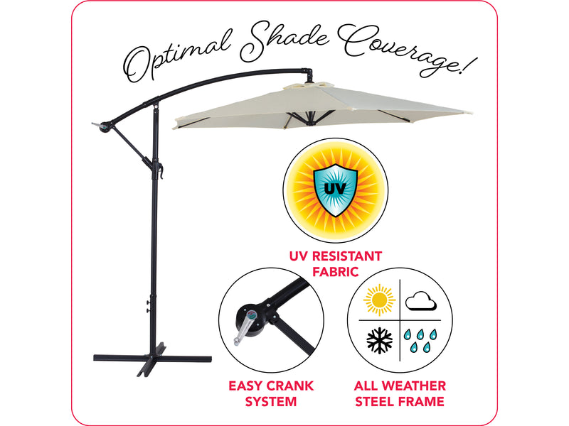 warm white cantilever patio umbrella, tilting persist collection infographic CorLiving