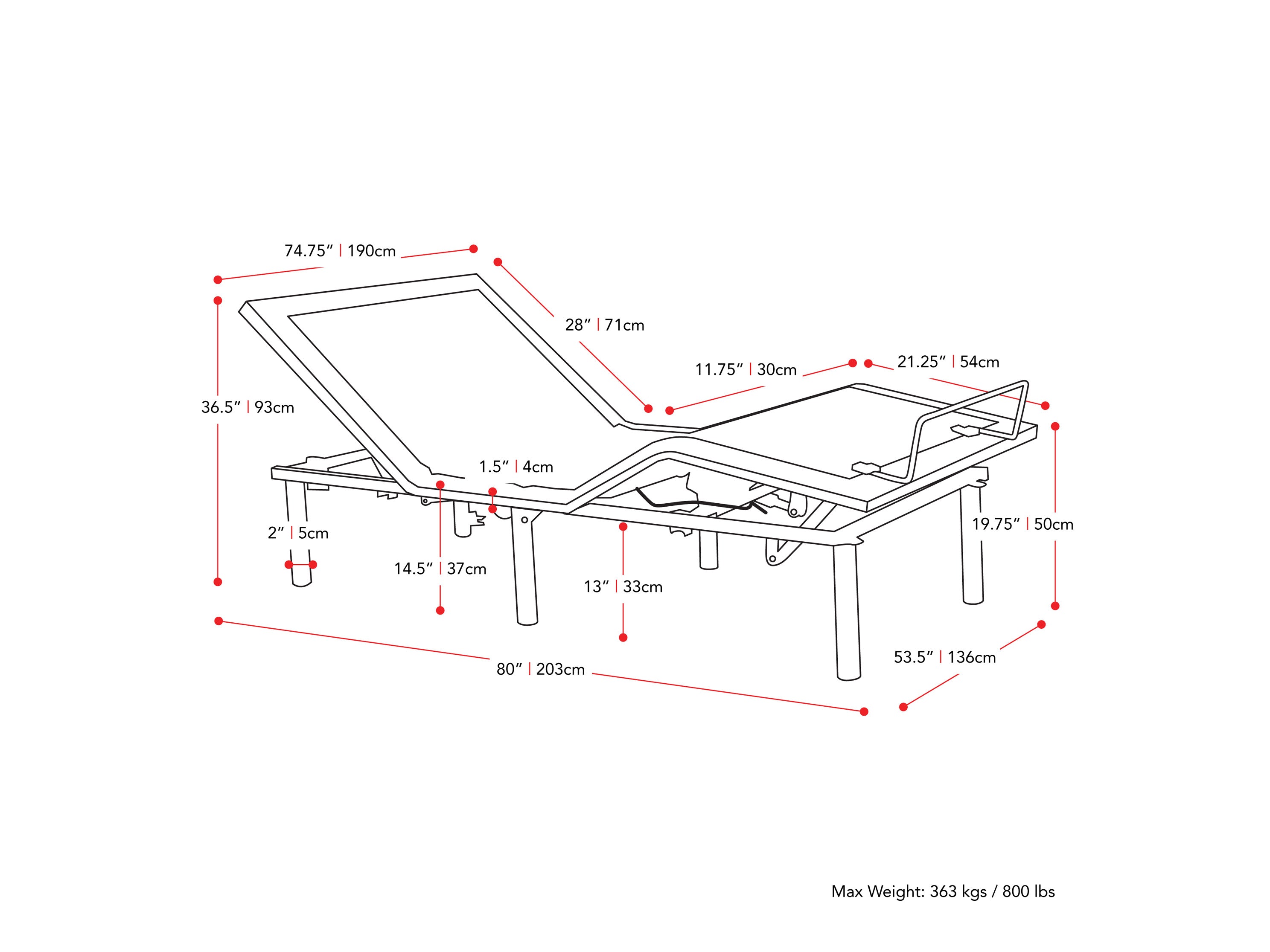 Electric Adjustable Bed Frame, King measurements diagram by CorLiving
