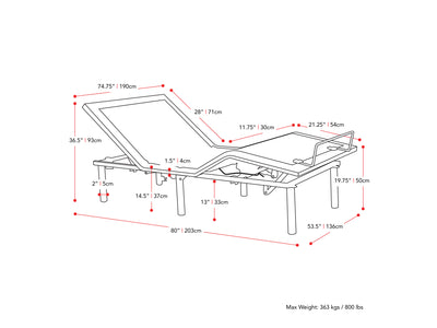 Electric Adjustable Bed Frame, King measurements diagram by CorLiving