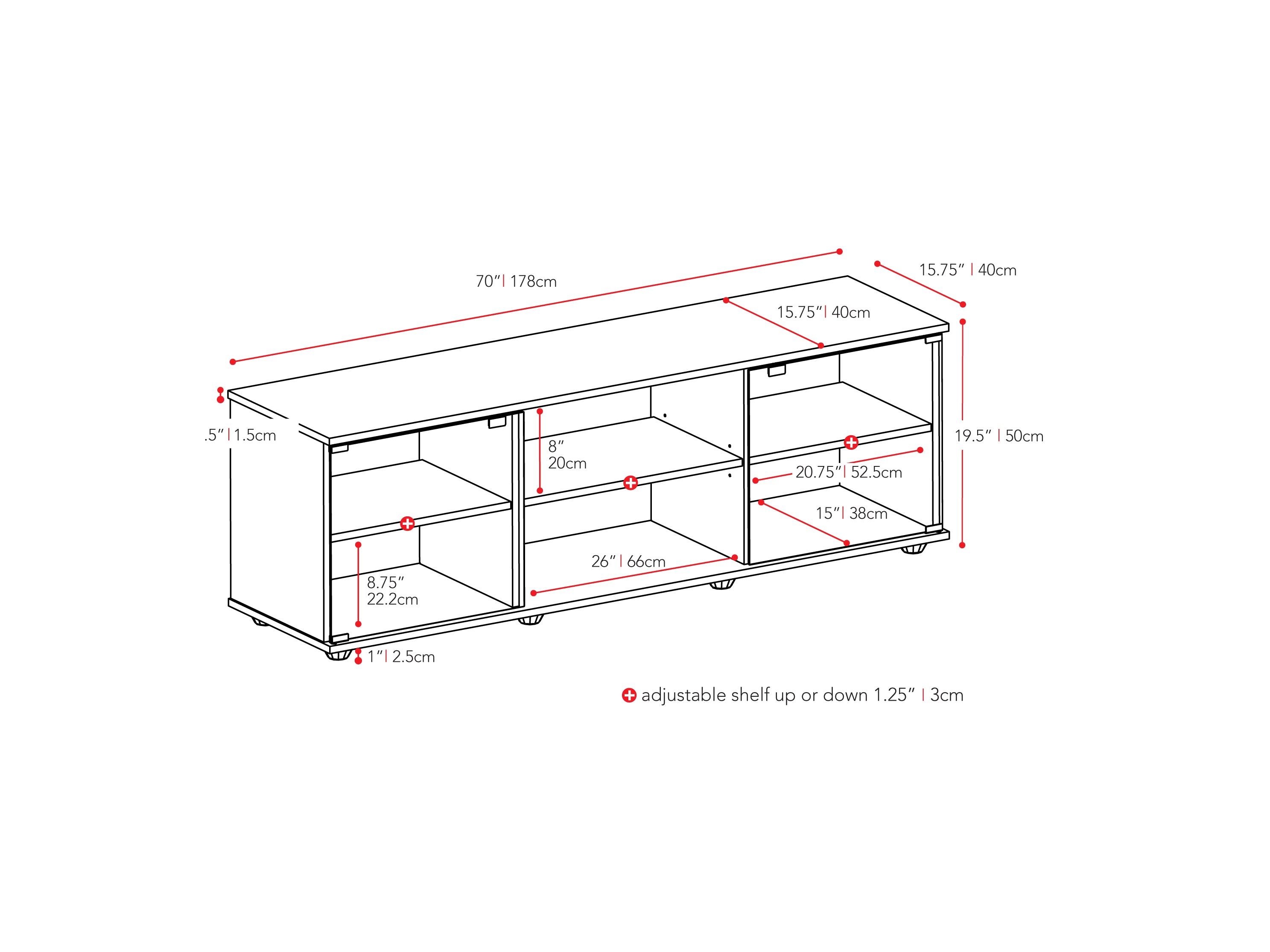 black TV Stand with Glass Doors for TVs up to 85" Fiji Collection measurements diagram by CorLiving#color_black