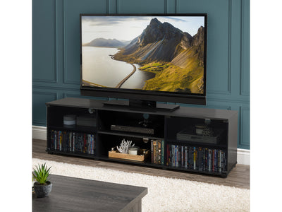 black TV Stand with Glass Doors for TVs up to 85" Fiji Collection lifestyle scene by CorLiving#color_black
