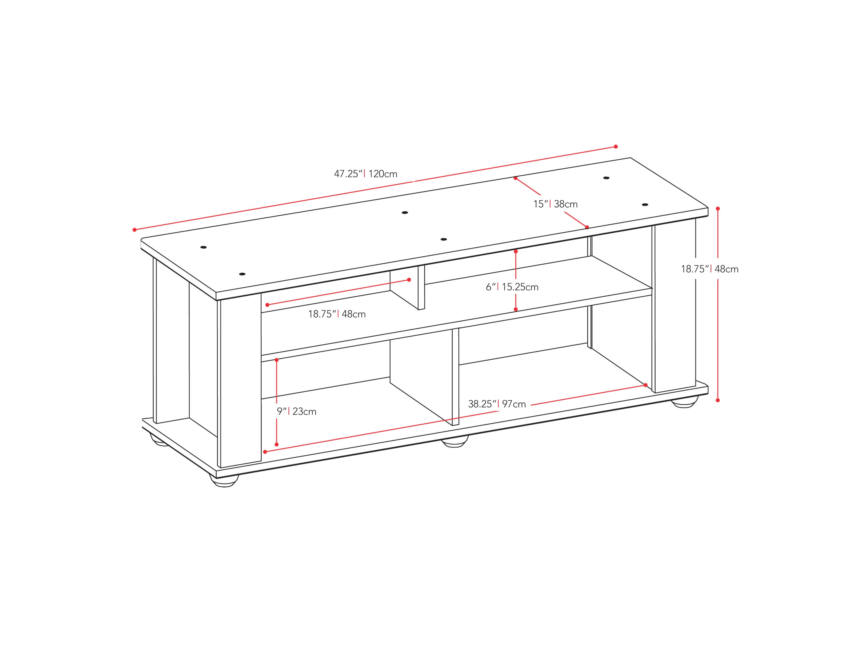 black Wood TV Stand for TVs up to 55" Bakersfield Collection measurements diagram by CorLiving#color_black
