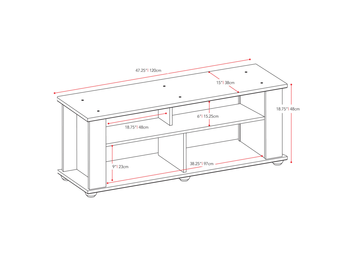 Black wood TV stand with two open shelves and two cabinets, suitable for TVs up to 55 inches, featuring a sleek, modern design with clean lines and a matte finish.