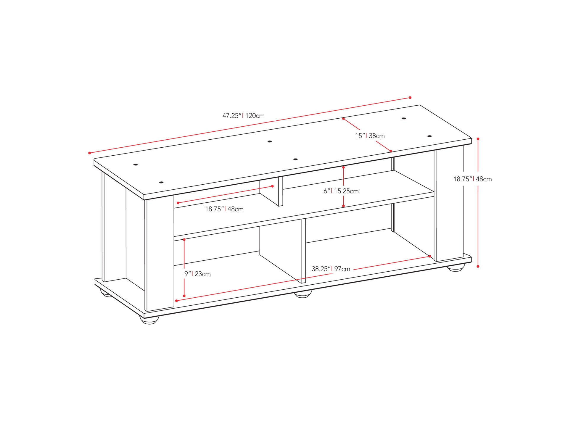 Black wood TV stand with two open shelves and two cabinets, suitable for TVs up to 55 inches, featuring a sleek, modern design with clean lines and a matte finish.
