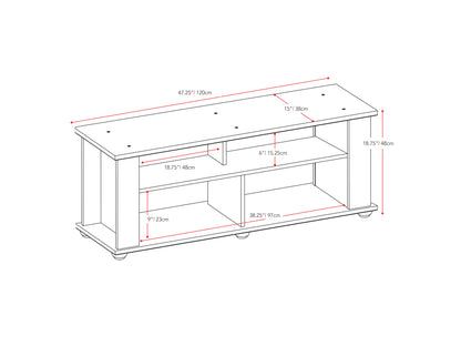 Black wood TV stand with two open shelves and two cabinets, suitable for TVs up to 55 inches, featuring a sleek, modern design with clean lines and a matte finish.