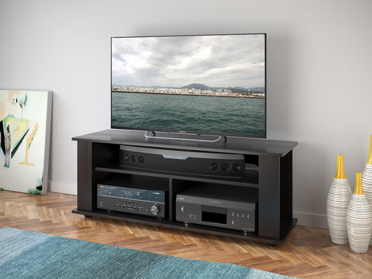 Black wood TV stand for TVs up to 55 inches, featuring sleek design, open shelving, and two cabinets with silver handles, perfect for modern living rooms.