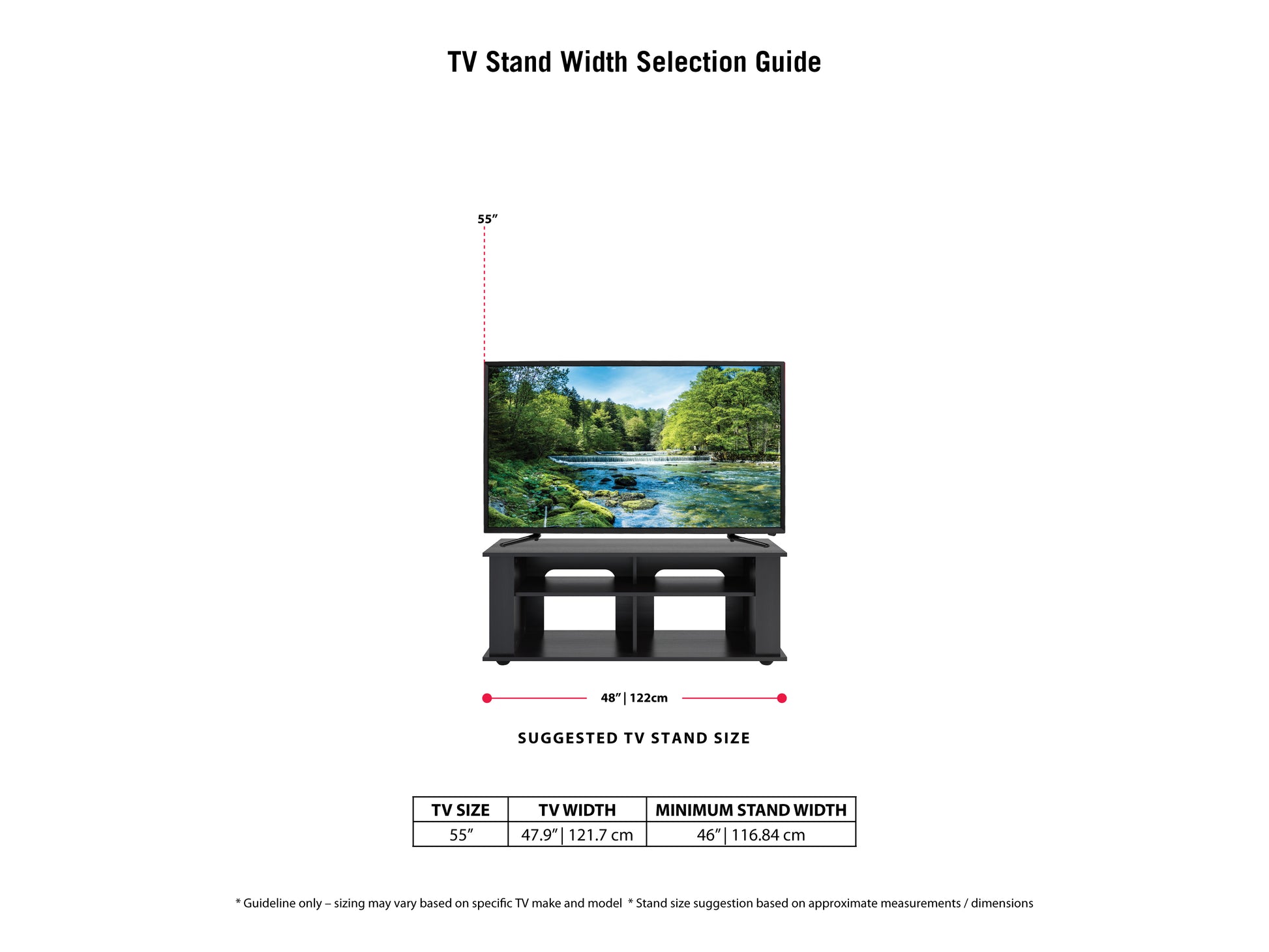 Black wood TV stand with two open shelves, two cabinets with glass doors, and silver handles, suitable for TVs up to 55 inches. Modern design with sleek lines and sturdy construction.