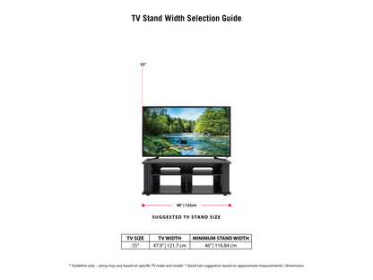 Black wood TV stand with two open shelves, two cabinets with glass doors, and silver handles, suitable for TVs up to 55 inches. Modern design with sleek lines and sturdy construction.