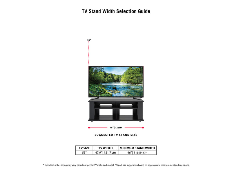black Wood TV Stand for TVs up to 55" Bakersfield Collection infographic by CorLiving