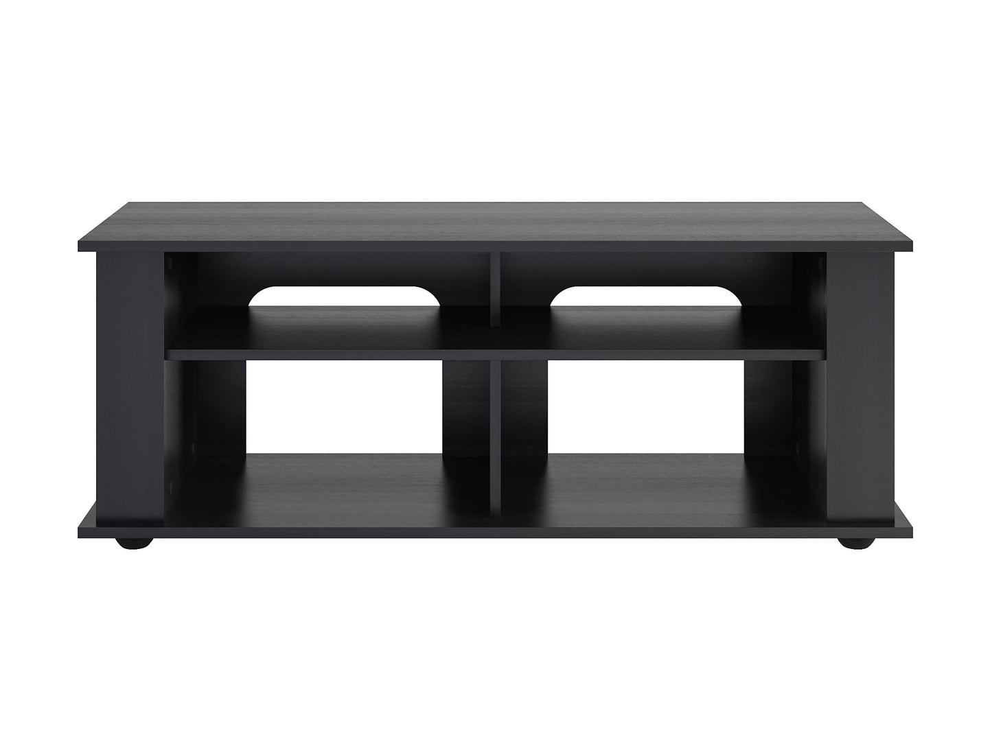 Black wood TV stand with two open shelves and two cabinets, suitable for TVs up to 55 inches. Features sleek metal handles and a modern design, perfect for contemporary living rooms.
