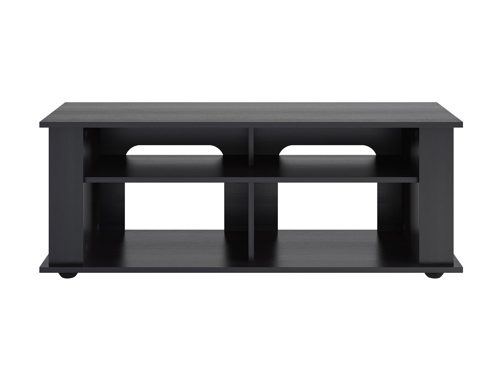 Black wood TV stand with two open shelves and two cabinets, suitable for TVs up to 55 inches. Features sleek metal handles and a modern design, perfect for contemporary living rooms.