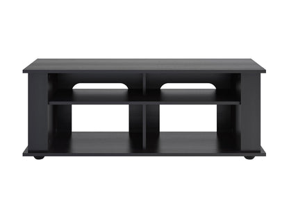 Black wood TV stand with two open shelves and two cabinets, suitable for TVs up to 55 inches. Features sleek metal handles and a modern design, perfect for contemporary living rooms.