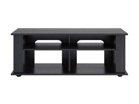 Black wood TV stand with two open shelves and two cabinets, suitable for TVs up to 55 inches. Features sleek metal handles and a modern design, perfect for contemporary living rooms.