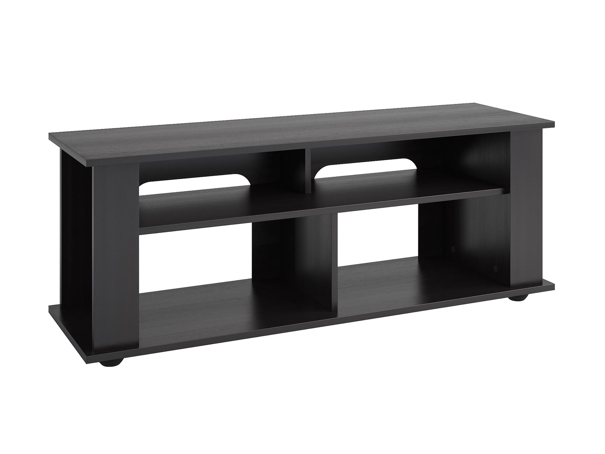 Black wood TV stand with sleek lines, open shelving, and metal legs, fits TVs up to 55 inches. Modern design, sturdy construction, and ample storage space for electronics and decor.
