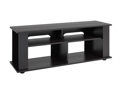 Black wood TV stand with sleek lines, open shelving, and metal legs, fits TVs up to 55 inches. Modern design, sturdy construction, and ample storage space for electronics and decor.
