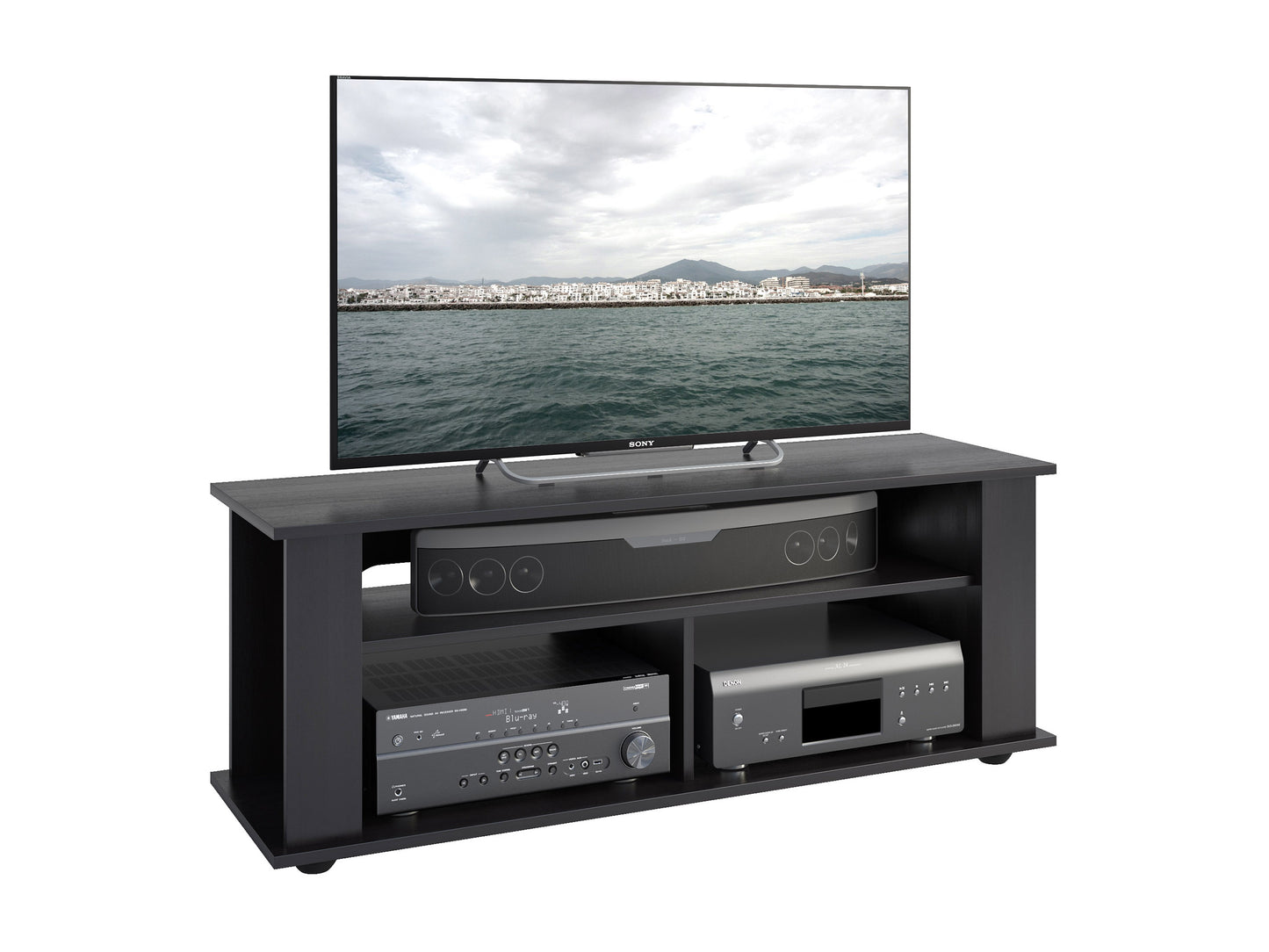 Black wood TV stand with sleek design, open shelving, and two closed cabinets for storage. Fits TVs up to 55 inches. Perfect for modern living rooms, blending functionality with style.