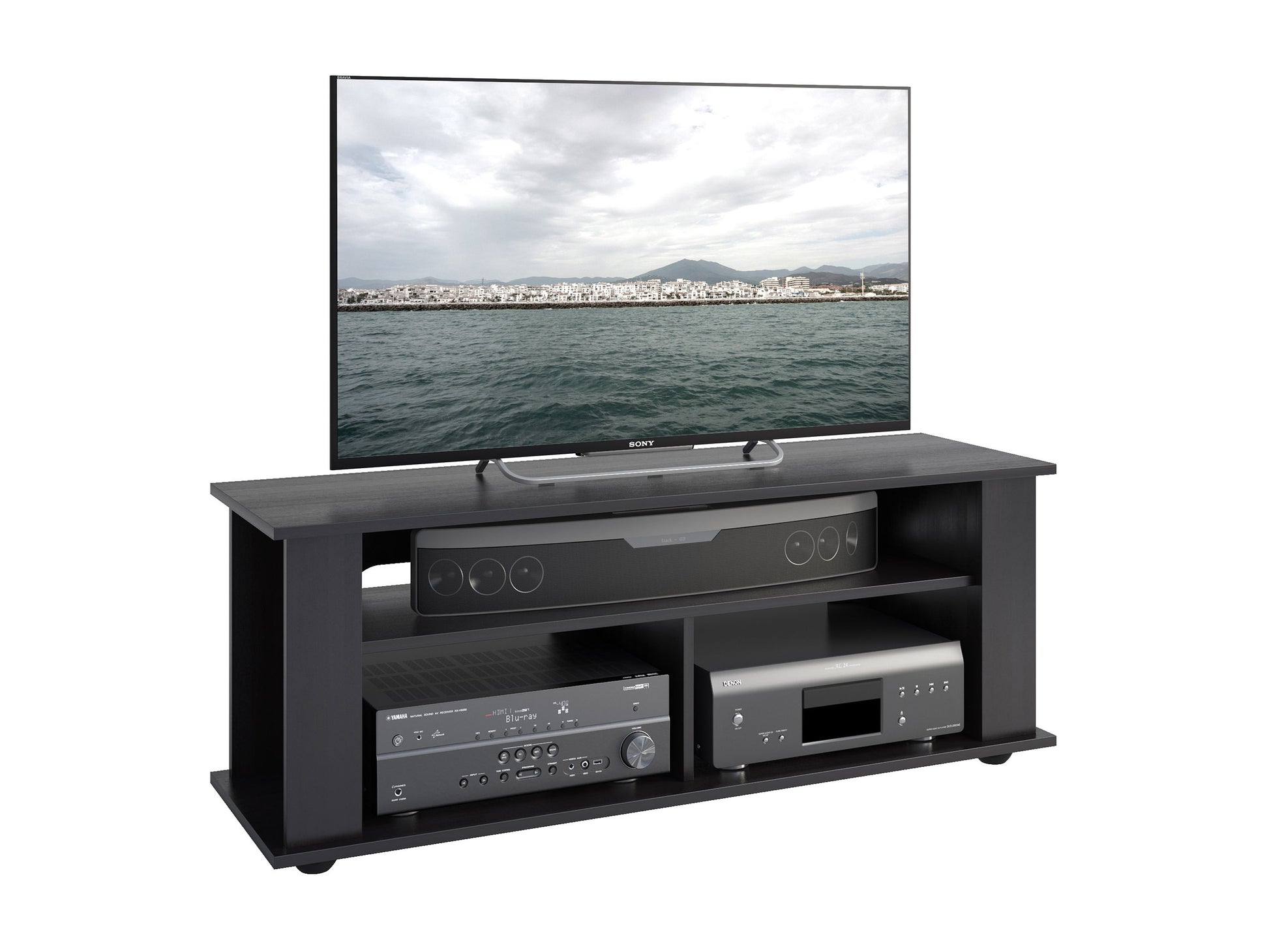 Black wood TV stand with sleek design, open shelving, and two closed cabinets for storage. Fits TVs up to 55 inches. Perfect for modern living rooms, blending functionality with style.
