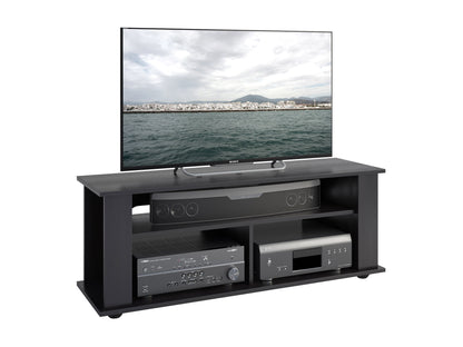 Black wood TV stand with sleek design, open shelving, and two closed cabinets for storage. Fits TVs up to 55 inches. Perfect for modern living rooms, blending functionality with style.