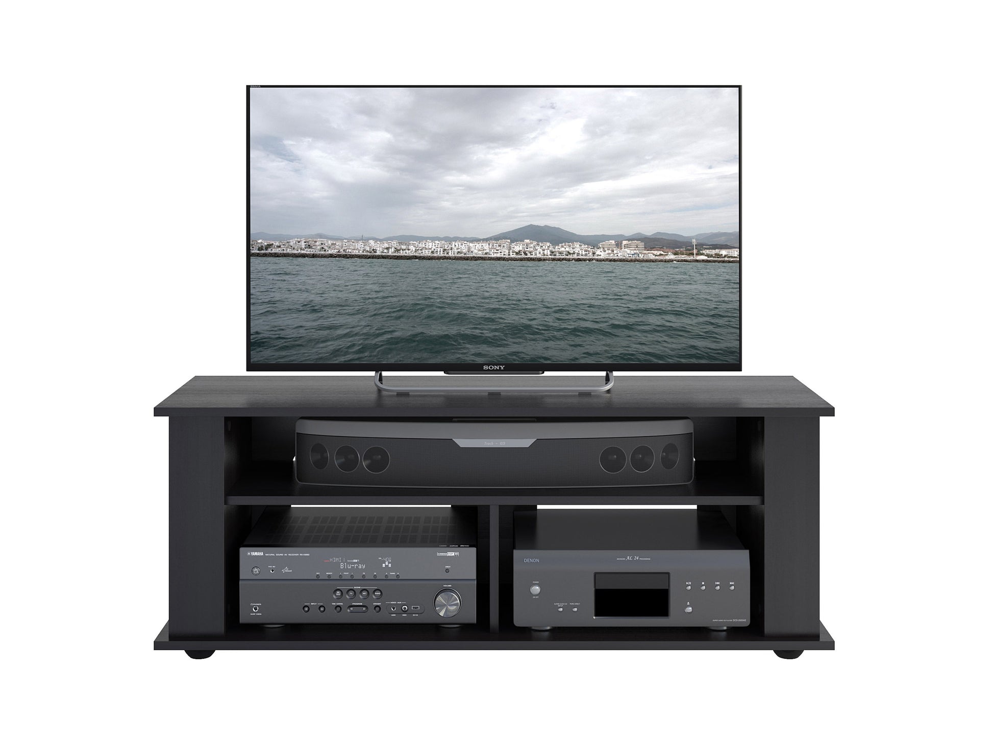 Black wood TV stand with open shelves and cabinet storage, fits TVs up to 55 inches, sleek modern design, sturdy construction, ideal for living rooms or entertainment spaces.