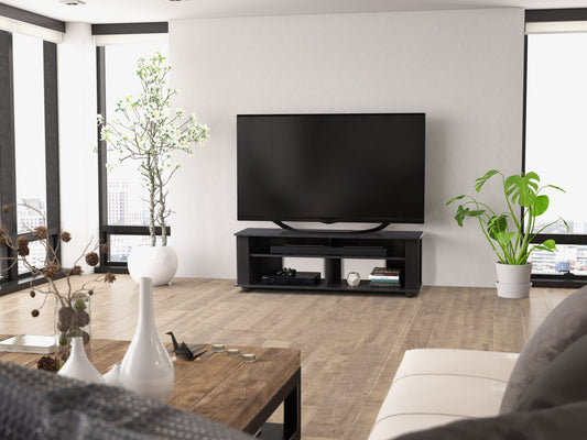 Black wood TV stand with open shelving and sleek design, suitable for TVs up to 75 inches, featuring a modern, minimalist style with clean lines and ample storage space.