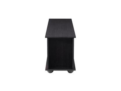 Black TV stand with wooden accents, suitable for TVs up to 85 inches, featuring sleek design, open shelves, and sturdy construction. Ideal for modern living rooms or entertainment spaces.