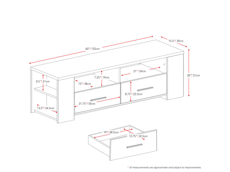 black TV Stand for TVs up to 75" Fernbrook Collection measurements diagram by CorLiving