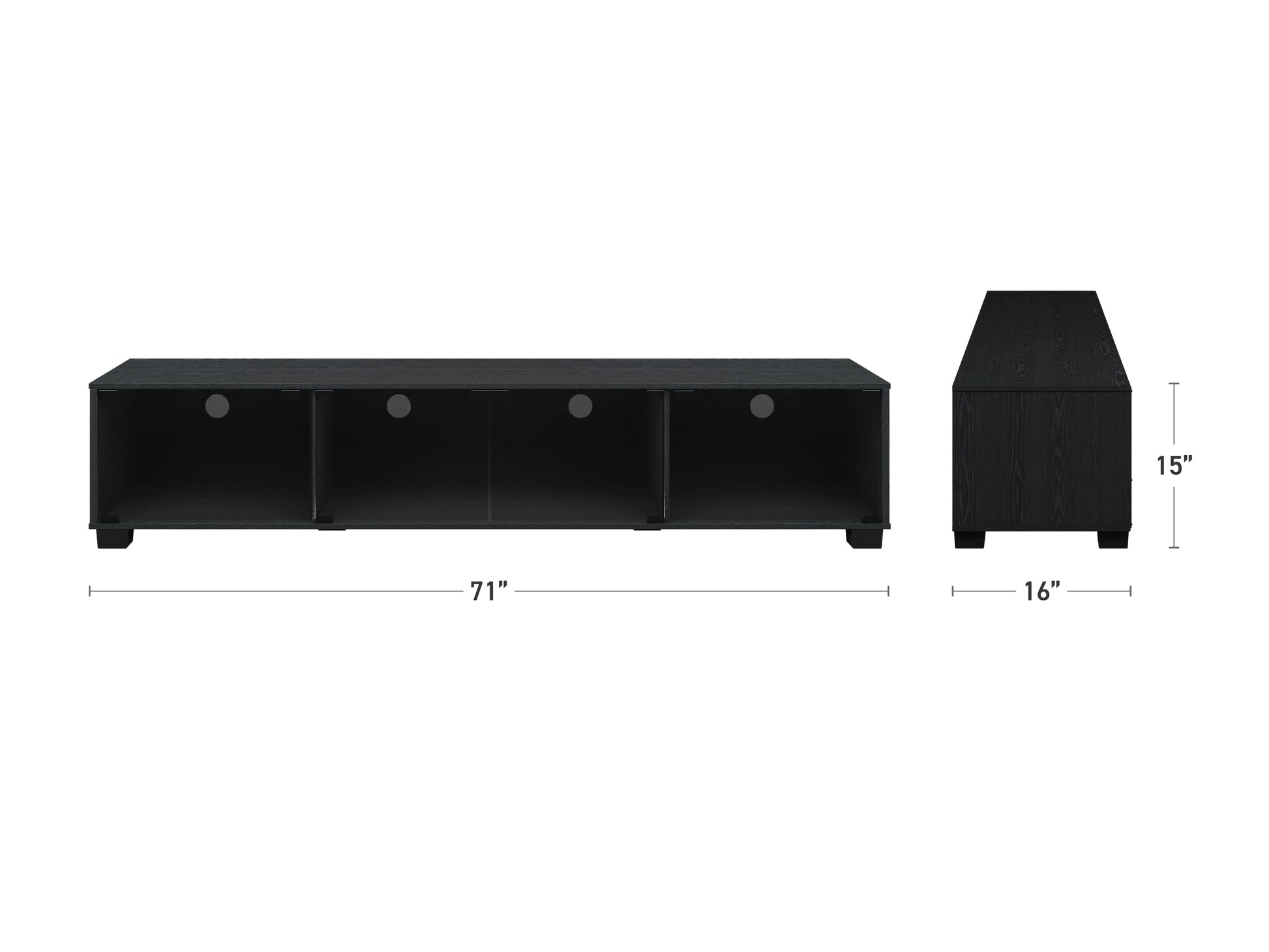 Black glass TV stand with sleek metal legs, suitable for TVs up to 85 inches, featuring three tempered glass shelves for storage and a modern, minimalist design.