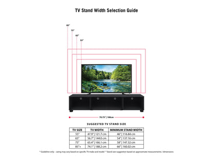 Black glass TV stand with sleek design, supports TVs up to 85 inches, featuring three tempered glass shelves and chrome-finished legs, perfect for modern living rooms or entertainment centers.