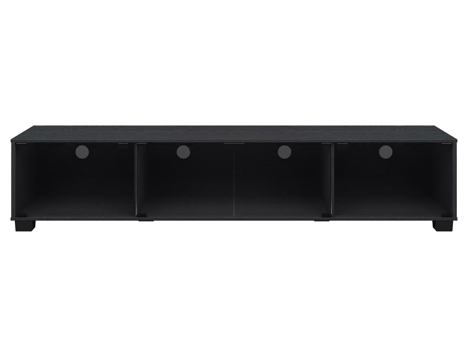 Black glass TV stand with chrome legs, three-tier shelving, and cable management system, fits TVs up to 85 inches, modern design, sleek and durable, perfect for living rooms or entertainment spaces.