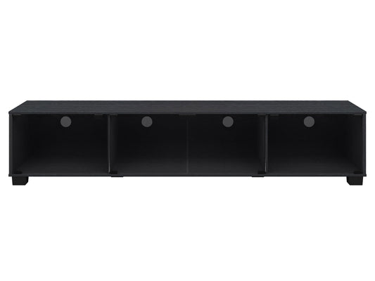Black glass TV stand with chrome legs, three-tier shelving, and cable management system, fits TVs up to 85 inches, modern design, sleek and durable, perfect for living rooms or entertainment spaces.
