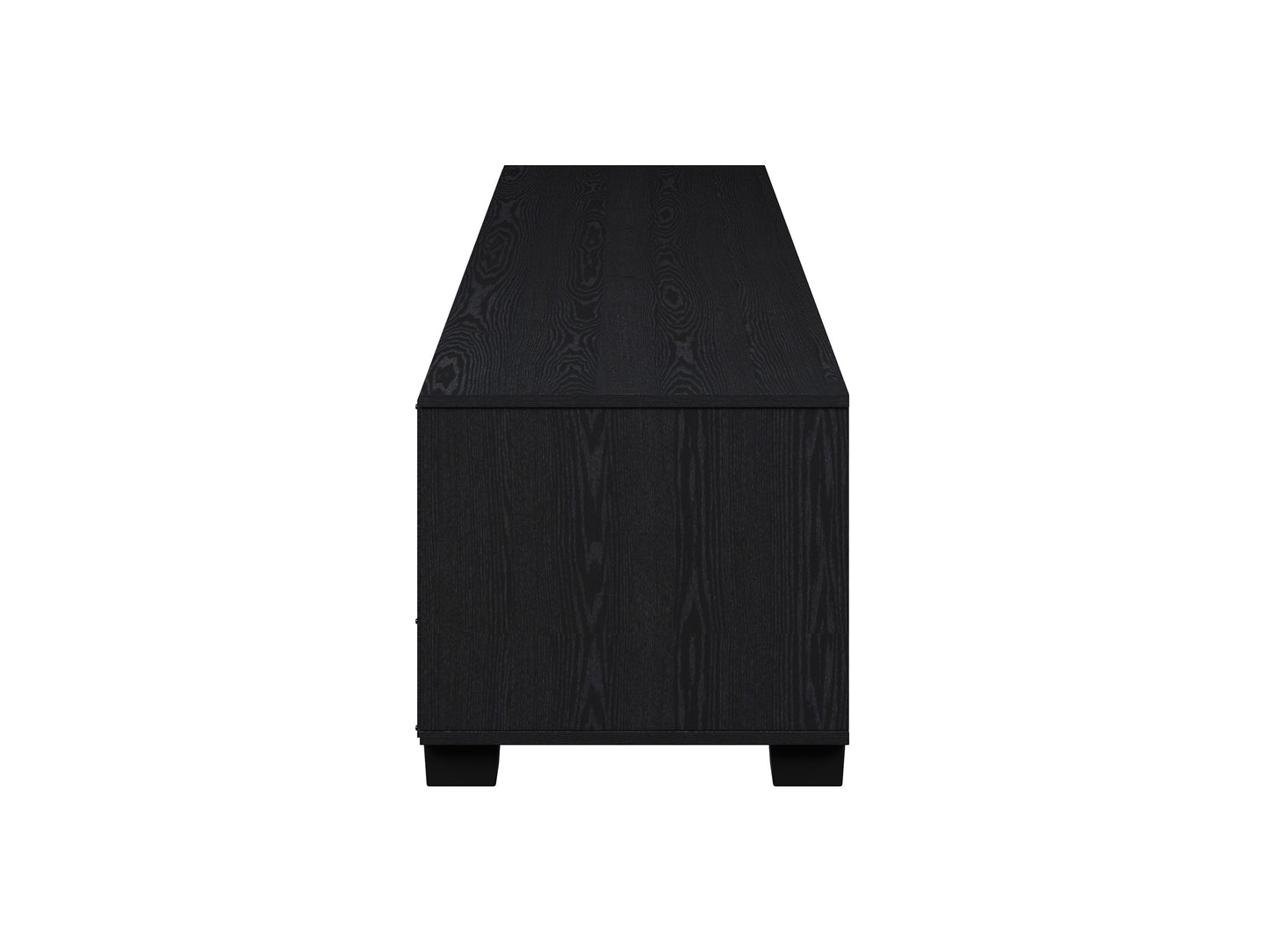 Black glass TV stand for TVs up to 85 inches with sleek chrome legs and three-tiered glass shelves for storage and display.