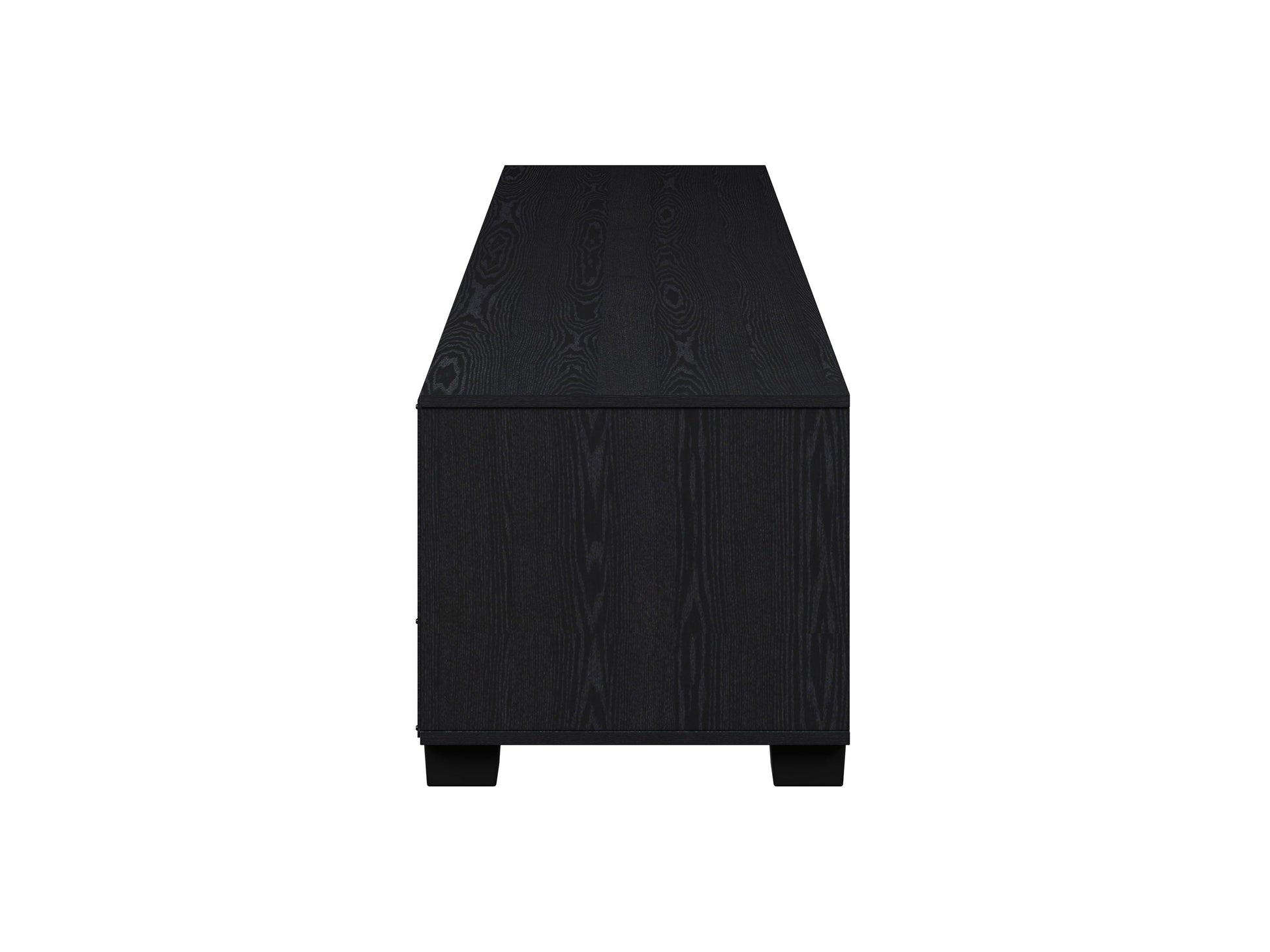 Black glass TV stand for TVs up to 85 inches with sleek chrome legs and three-tiered glass shelves for storage and display.