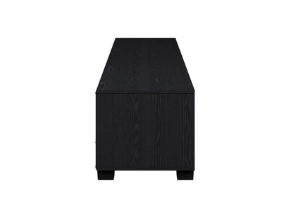 Black glass TV stand for TVs up to 85 inches with sleek chrome legs and three-tiered glass shelves for storage and display.