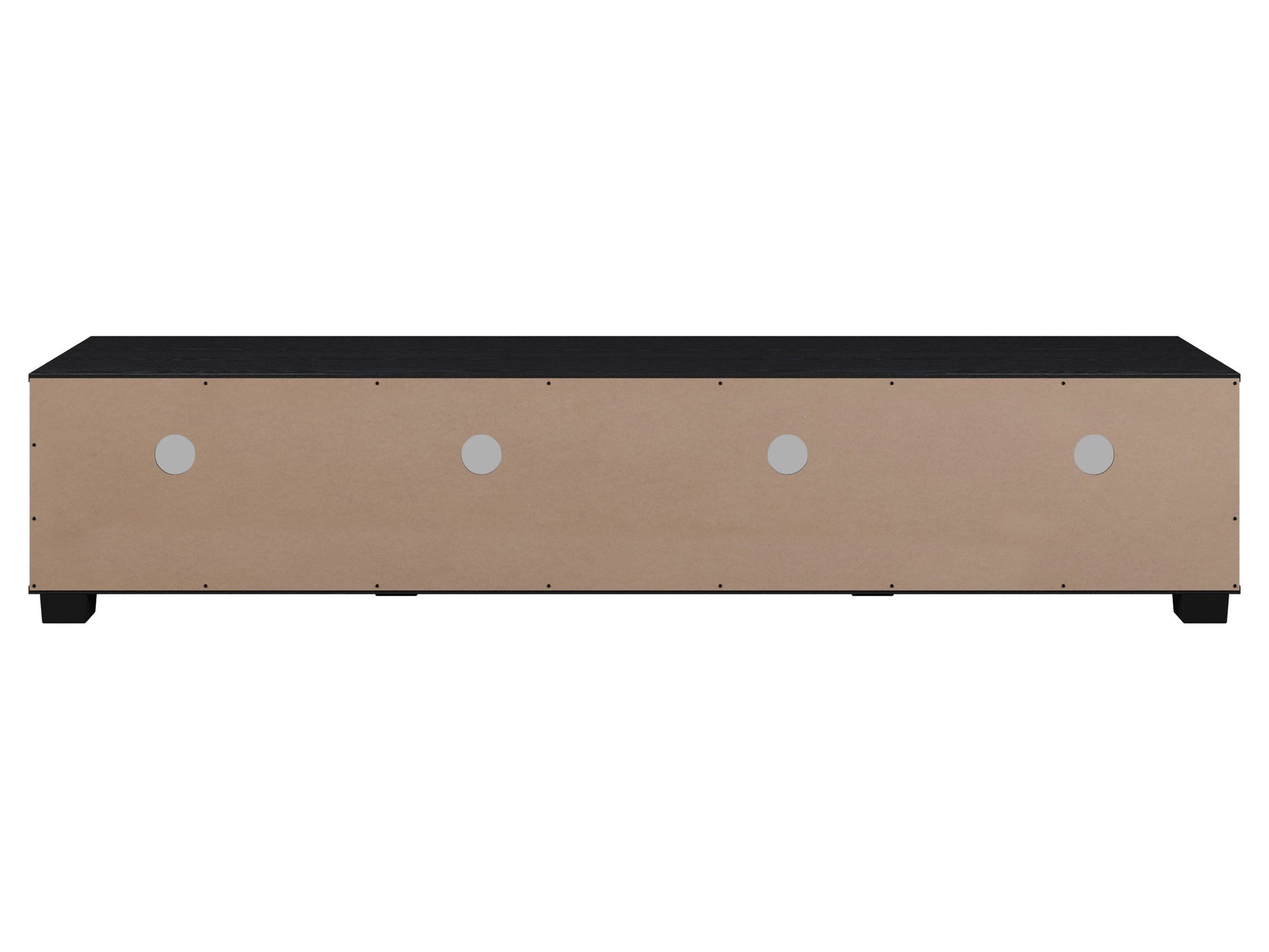 Black glass TV stand with silver metal frame, three-tiered shelves, and sleek modern design, suitable for TVs up to 85 inches.